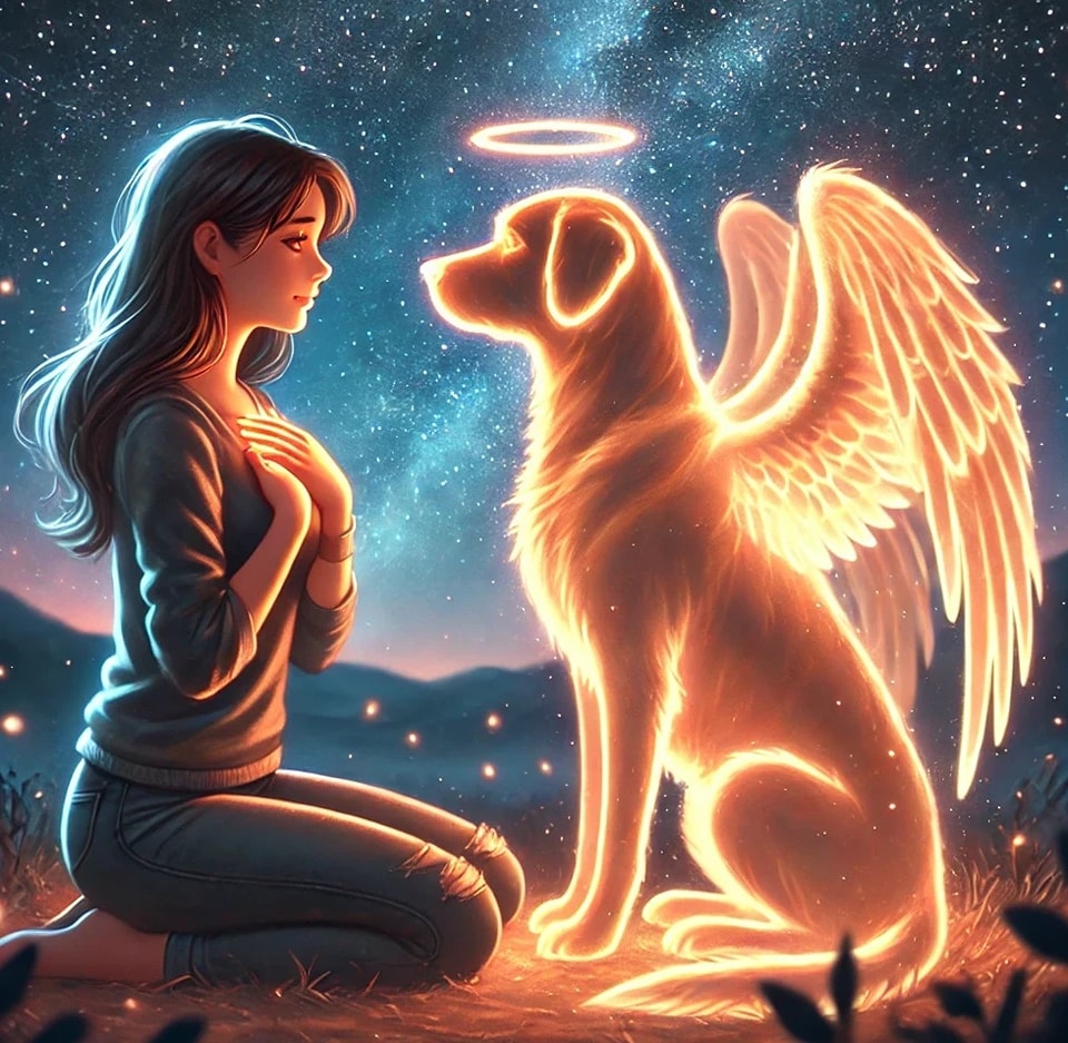 Femme brune reliant son cœur à son chien défunt, illustré avec une auréole. Moment de connexion.