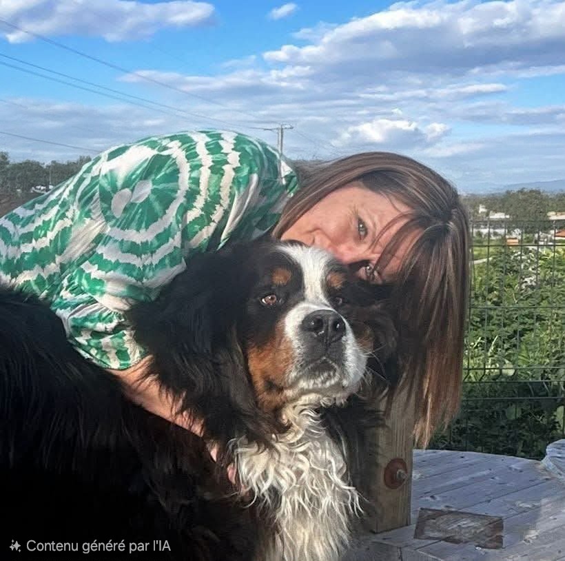 Moment de complicité de Laurence et de son chien Farai sur la terrasse.