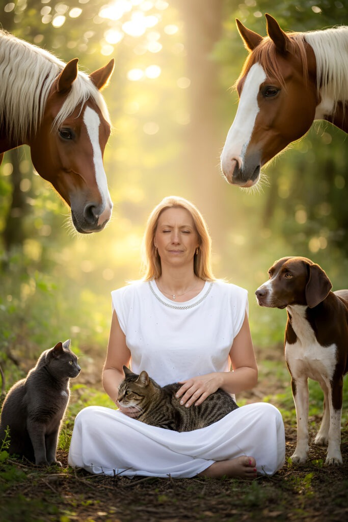 Laurence Rey en méditation pour la communication animale, en foret entourée de chats, chiens, chevaux.